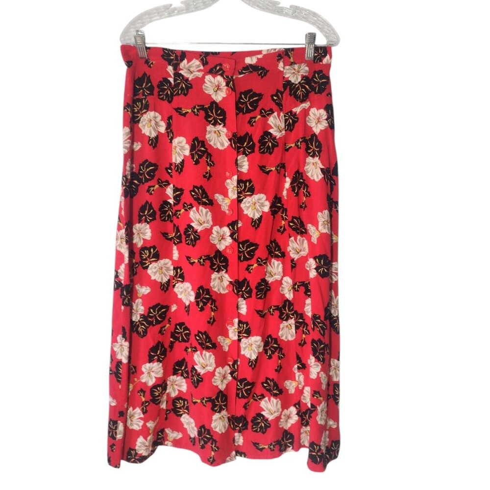 Vintage Sag Harbor Button Up Floral Midi Skirt M Tropical Resort Office Rayon